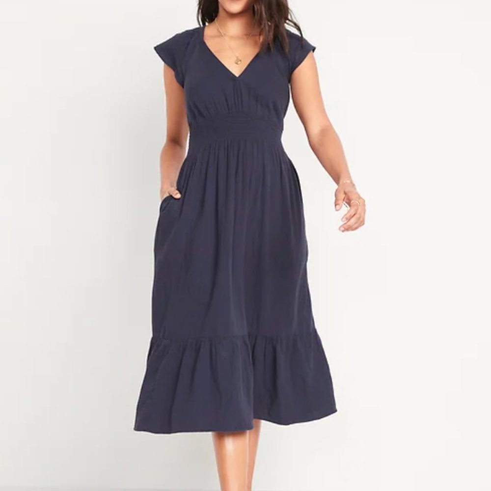Waist-Defined Flutter-Sleeve Smocked Midi Dress old navy